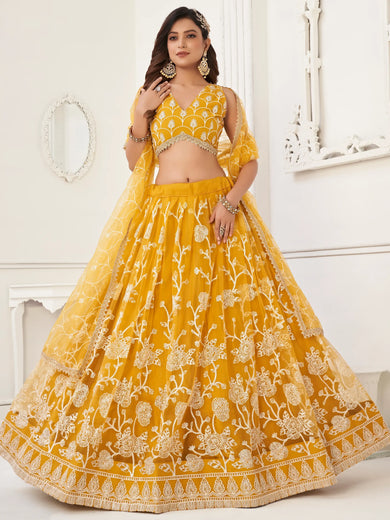 Appealing Mustard Yellow Embroidered Net Haldi Wear Lehenga Choli